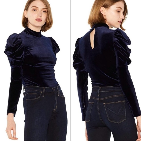 Misa Los Angles Dita Velvet Top Puffed Longsleeve Mock Neck Whimsigoth in Navy M - Picture 1 of 16
